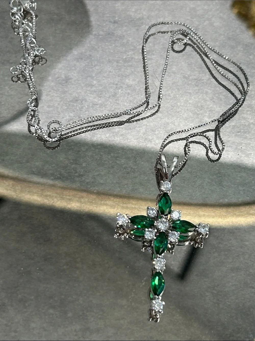 Emerald Green Crystal Cross Pendant Necklace - Silver Tone